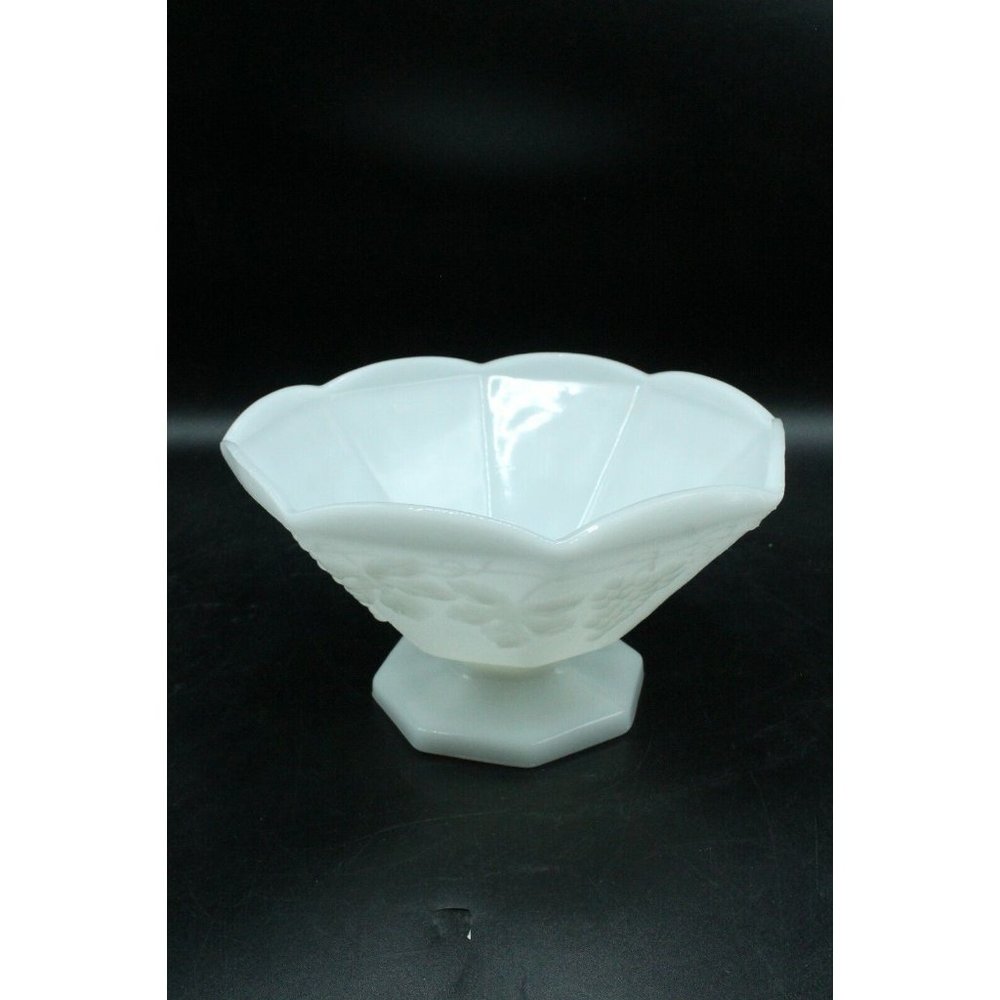 Vintage 9" White Milk Glass Fruit Bowl Centerpiece Pedestal Grape Design